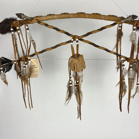 Chief Cross Bow Native American Wall Hanging Decor with Deerskin & Feathers - Picture 4 of 16